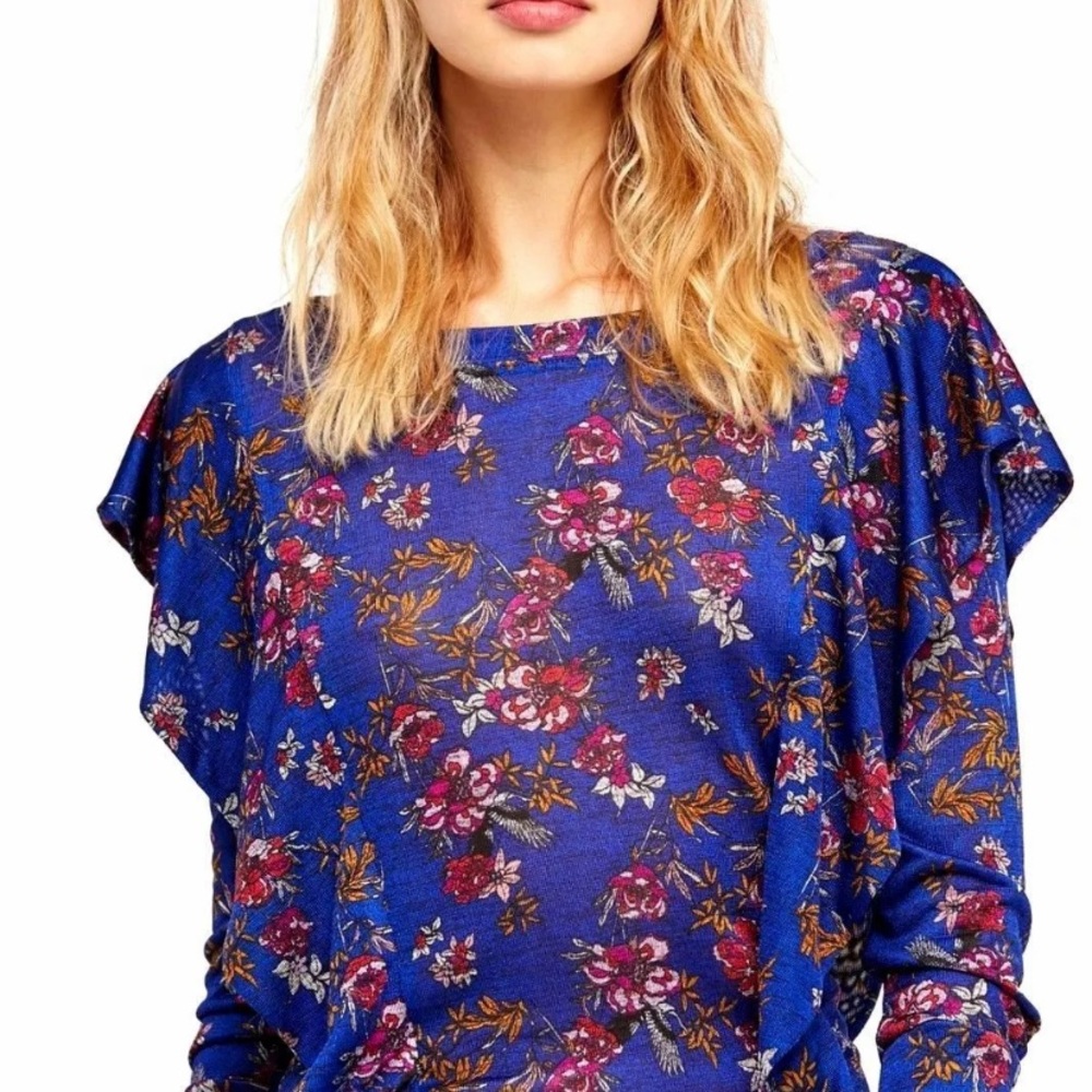 Free People Dock Street Knit Floral Print Top Blue X-Small NWT - Picture 5 of 6